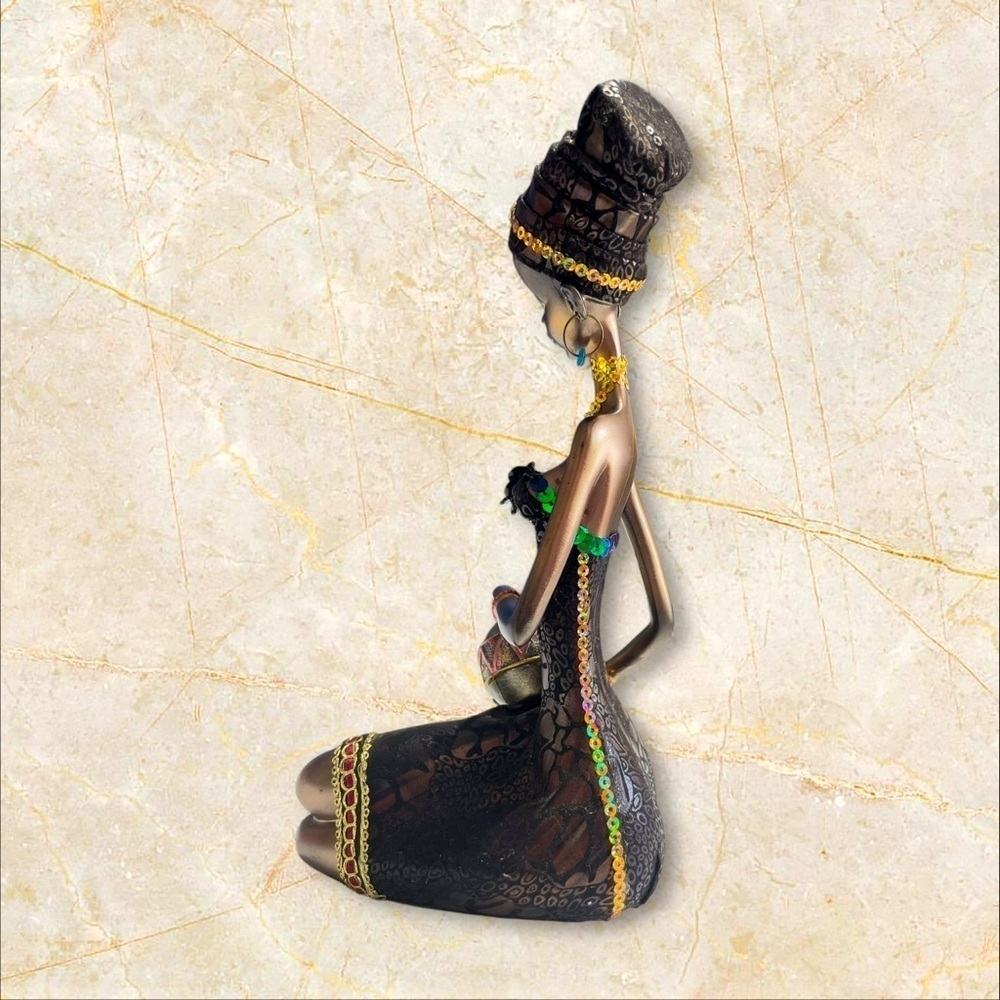 African Woman Figurine Hand Painted Tribal Culture Sculpture 10.5" Decor - Picture 6 of 14